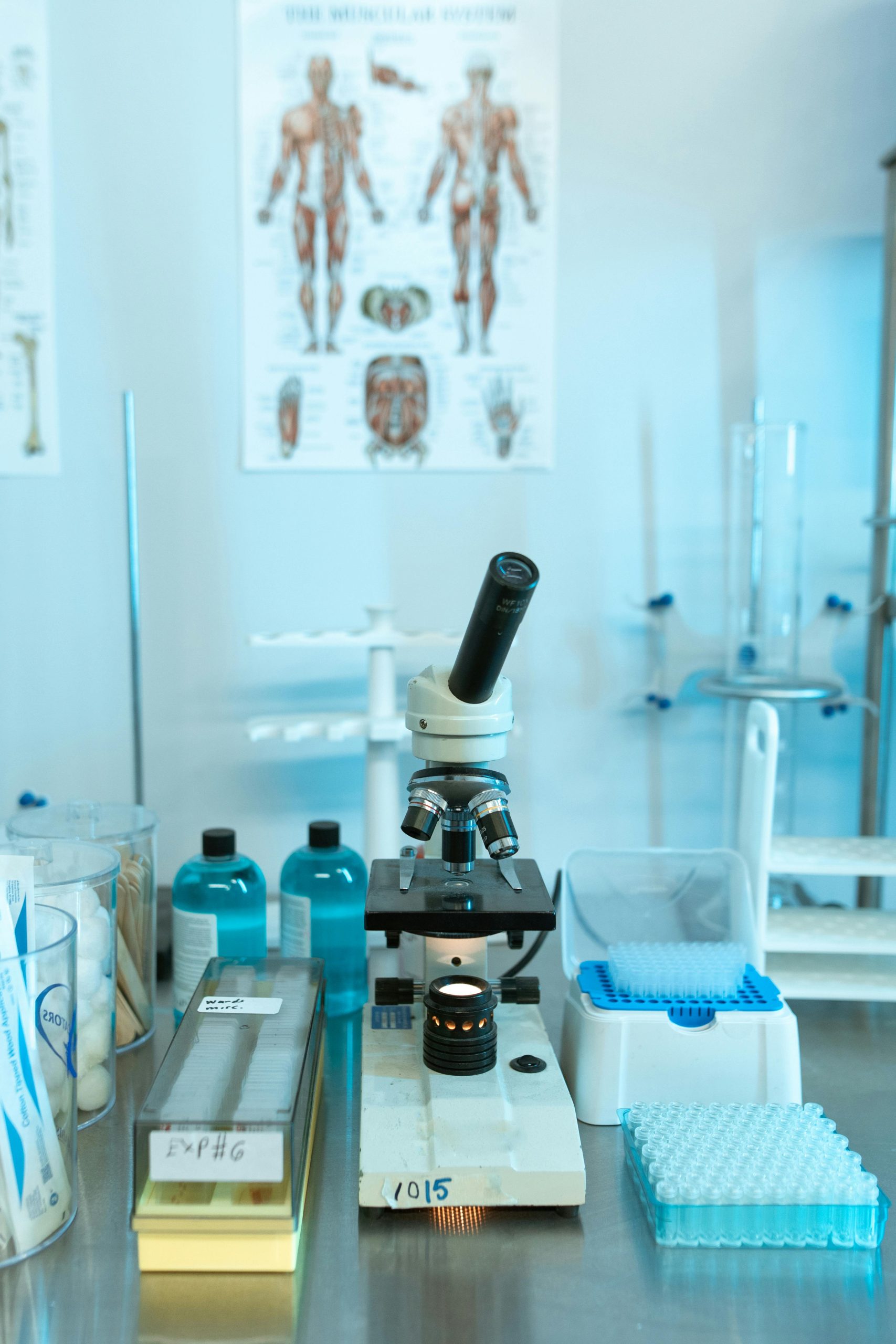 A well-equipped laboratory setup featuring a microscope and other scientific tools.
